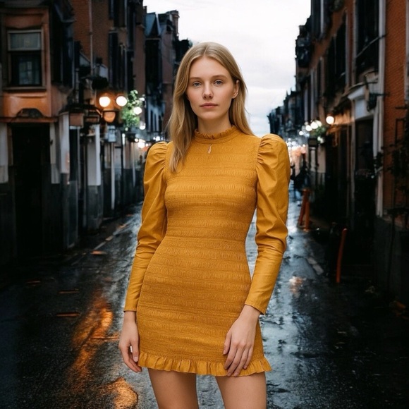 ULLA JOHNSON Aurele dress gold mini silk 4 puff sleeve smocked shirred NWOT - Picture 2 of 15